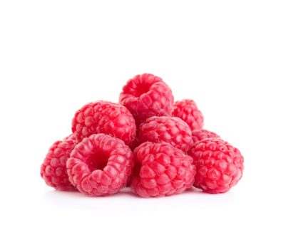 pile of fresh ripe raspberry fruits isolated on white background